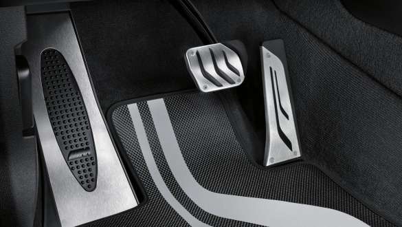 Close-up view of the BMW 3 Series Sedan with focus on the BMW M Performance pedal covers.
